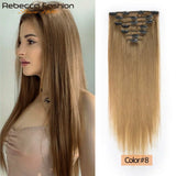 Seven-piece set of human hair clip-in extensions in 16-24 inches, double weft, natural color, styled for easy hair enhancement.