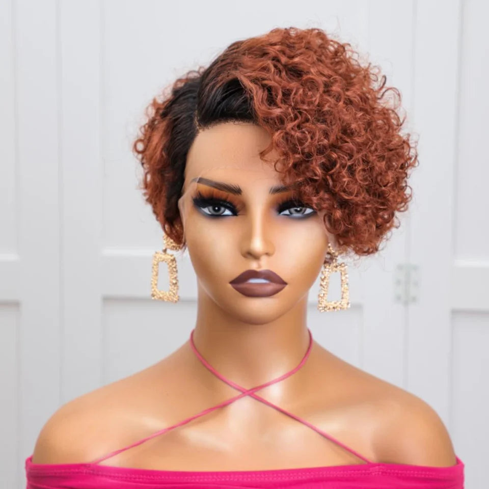 Rebecca Ginger #350 short bob pixie cut wig, curly Peruvian human hair 13x6 lace front in deep wave texture
