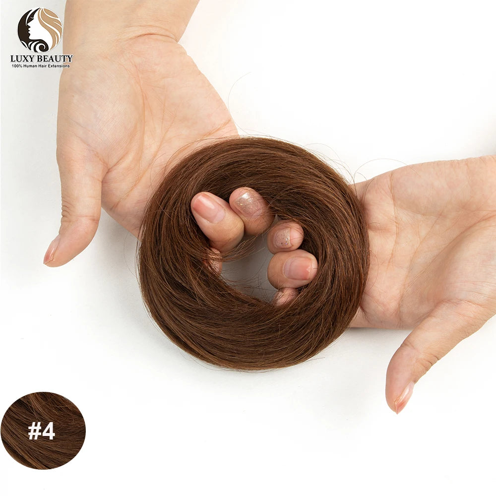 Brazilian human hair bun ponytail hairpiece with scrunchie for women’s updos and chignon styles