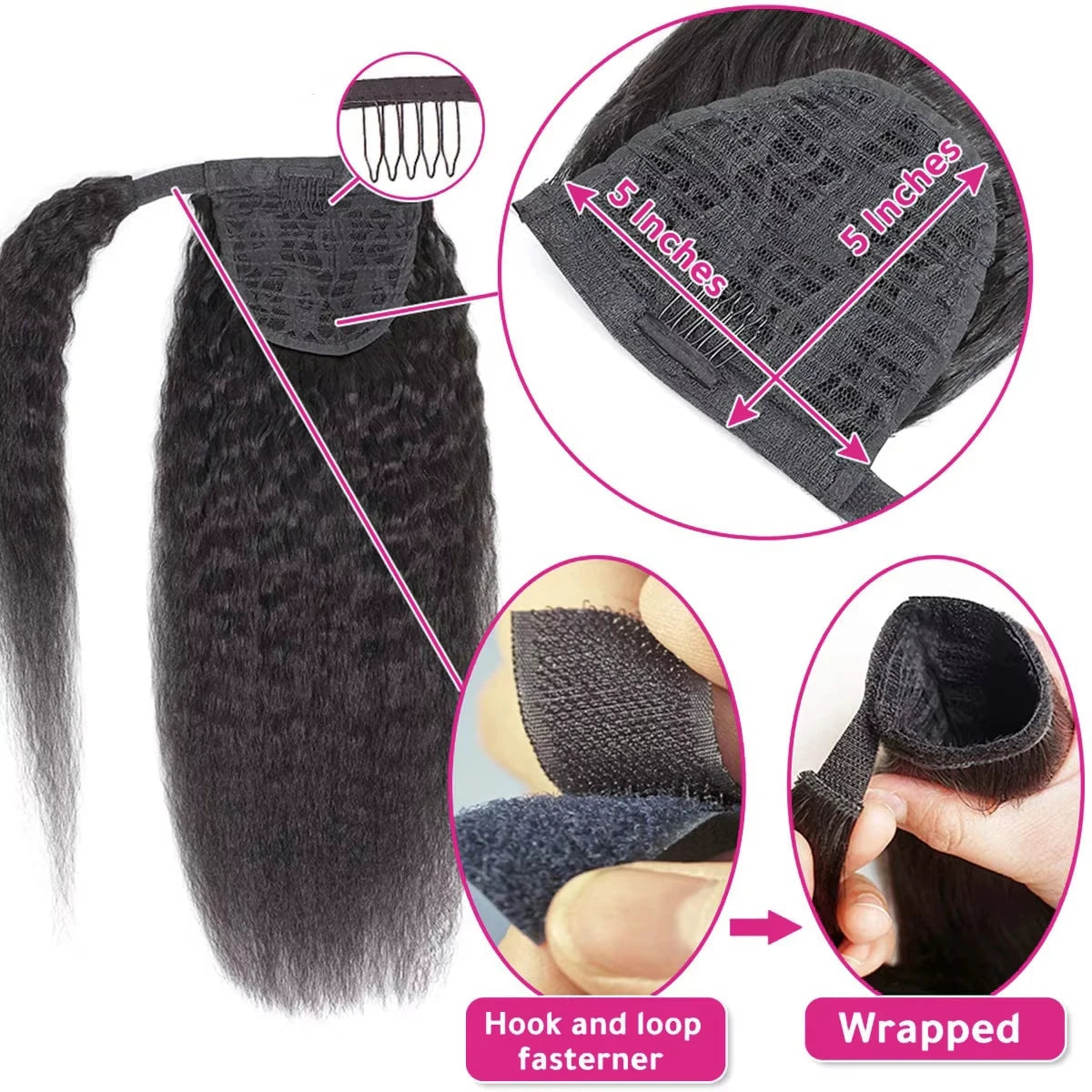 Kinky straight wrap-around clip-in ponytail human hair extension in natural color, Remy Brazilian hair