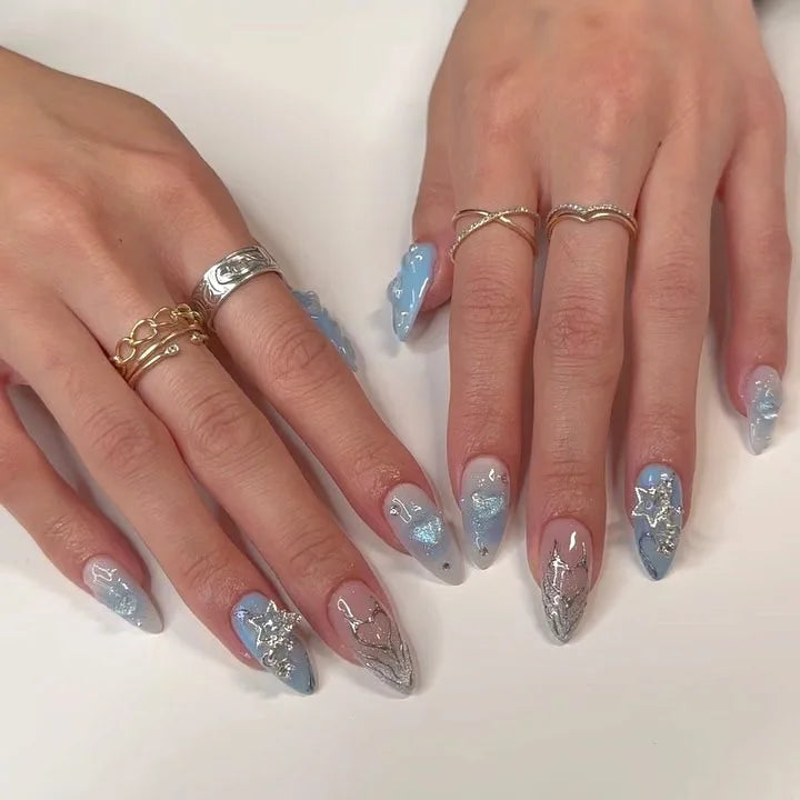 HSF Marketplace 24-piece Y2K almond press-on nails with blue gradient French tips and gold moon designs