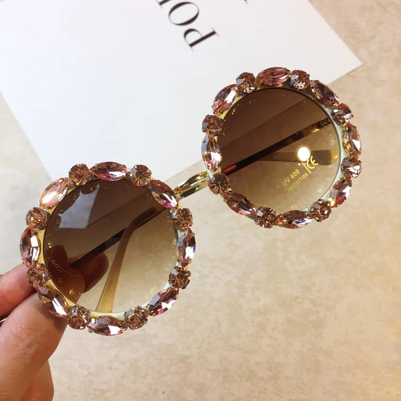 Luxury diamond crystal round sunglasses for women by HSF Marketplace featuring big frames, vintage style, UV400 protection.
