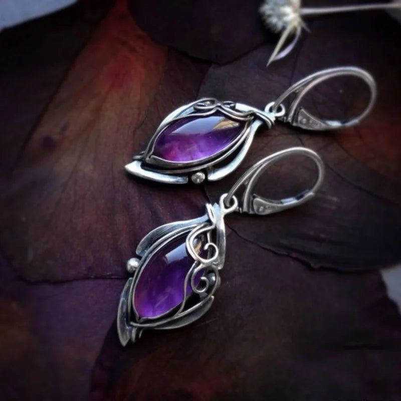 HSF Marketplace silver dangle earrings with purple stone and floral design
