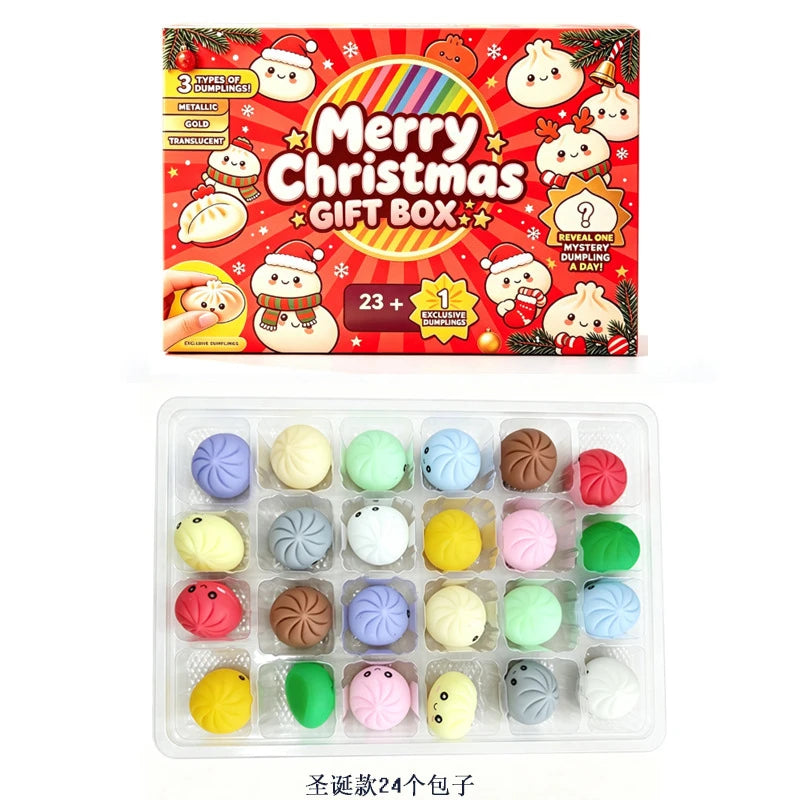 24-day Christmas advent calendar with dumpling squishy sensory toys, soft slow-rise stress relief design