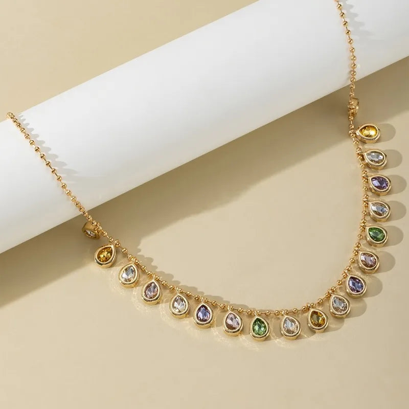 Bohemian multicolor teardrop crystal necklace with gold-plated chain and water drop CZ pendant, delicate statement jewelry for women