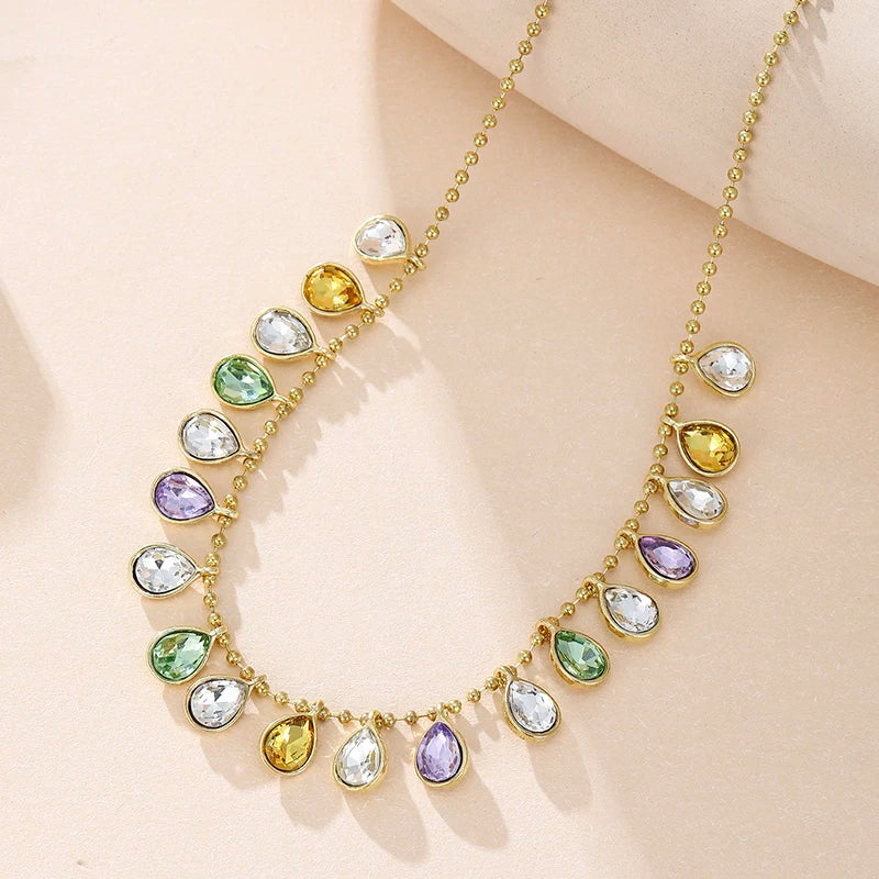 Bohemian multicolor teardrop crystal necklace with gold-plated water drop CZ pendant, delicate statement jewelry for women