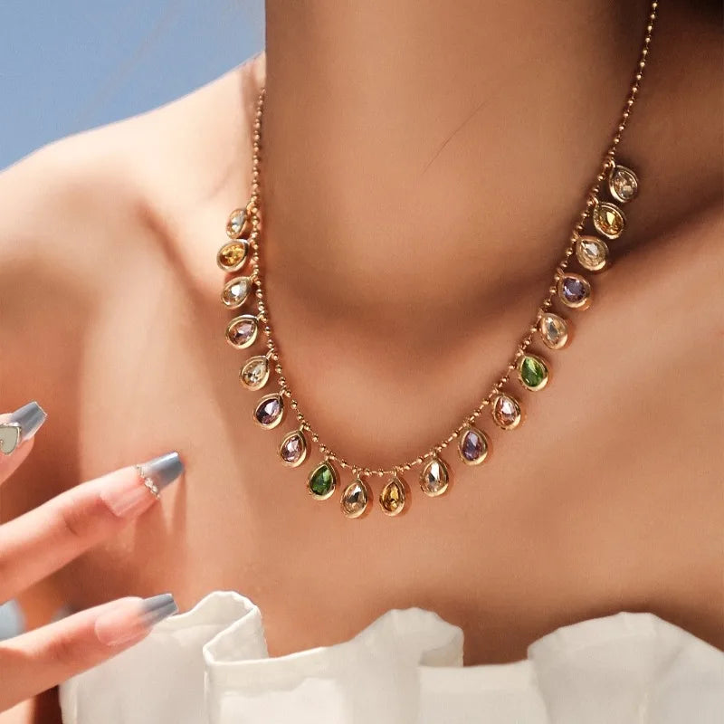 Bohemian multicolor teardrop crystal necklace with gold-plated water drop CZ pendant, delicate statement jewelry for women