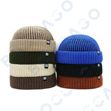 Women's thick striped knitting docker cap beanie with letter label, soft warm vintage retro winter hat