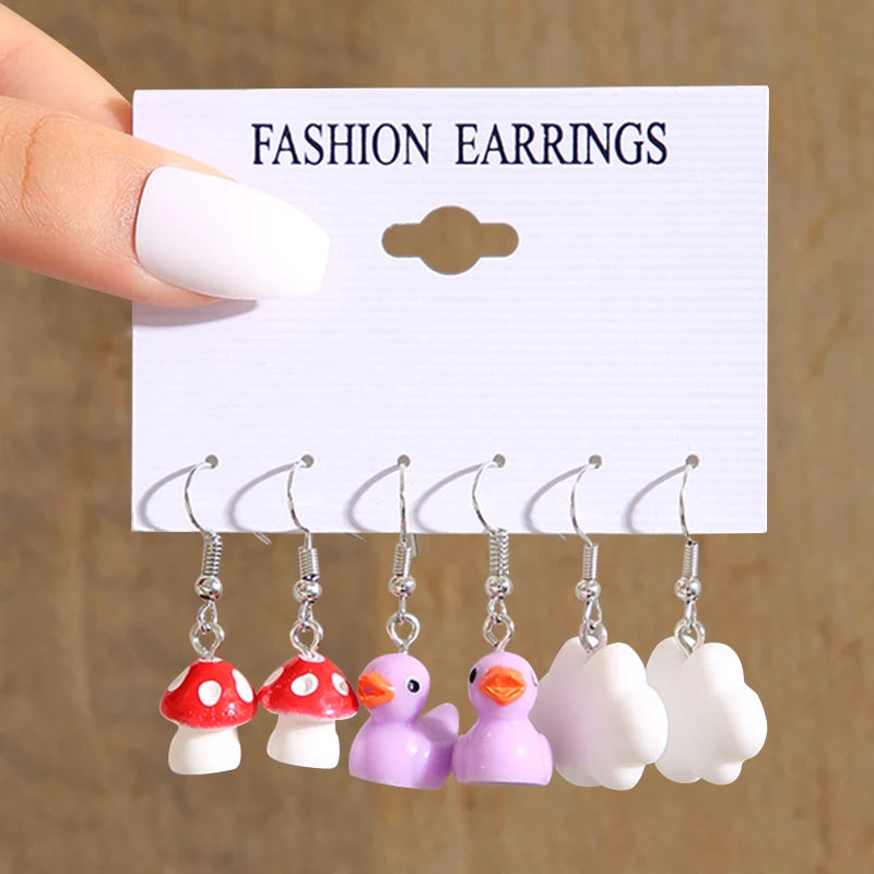 Cute cartoon duck dangle earrings set, yellow duck charms on dangling jewelry for trendy girls by HSF Marketplace