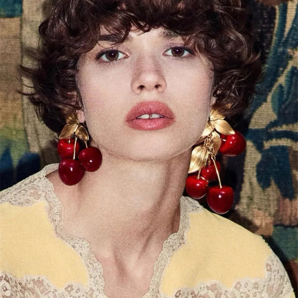 Vintage metal leaf and red resin cherry dangle earrings by HSF Marketplace