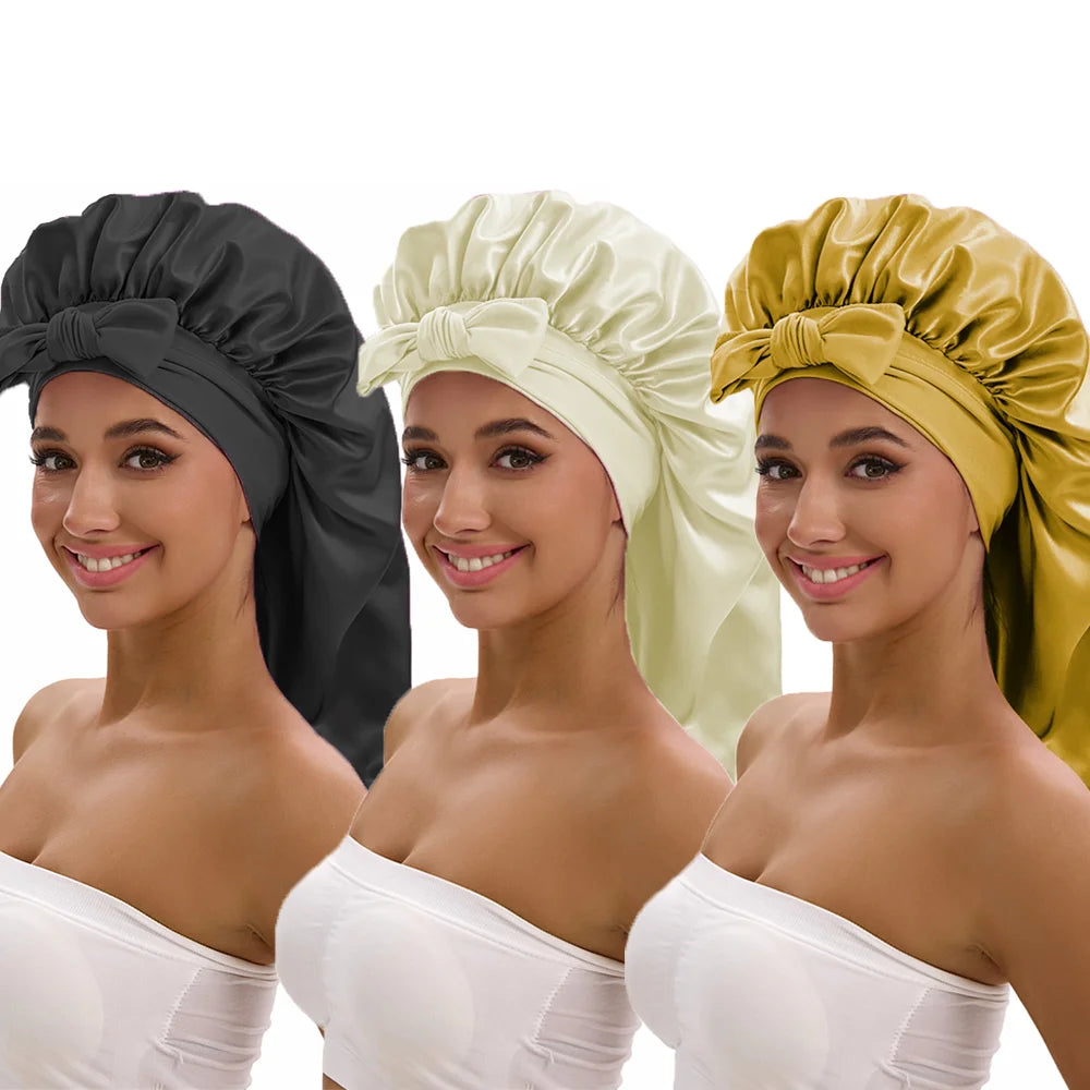 3-piece satin long bonnet set with wide brim and bow tie for everyday hair styling
