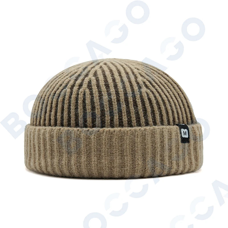 Women's thick striped knitted docker cap warm winter beanie with letter label, HSF Marketplace hat