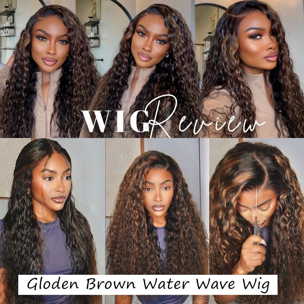 UNice Brown Highlights Water Wave Human Hair Wigs Side Part 7x5 Lace Pre Cut Pre Bleached Glueless Wig 150% Density