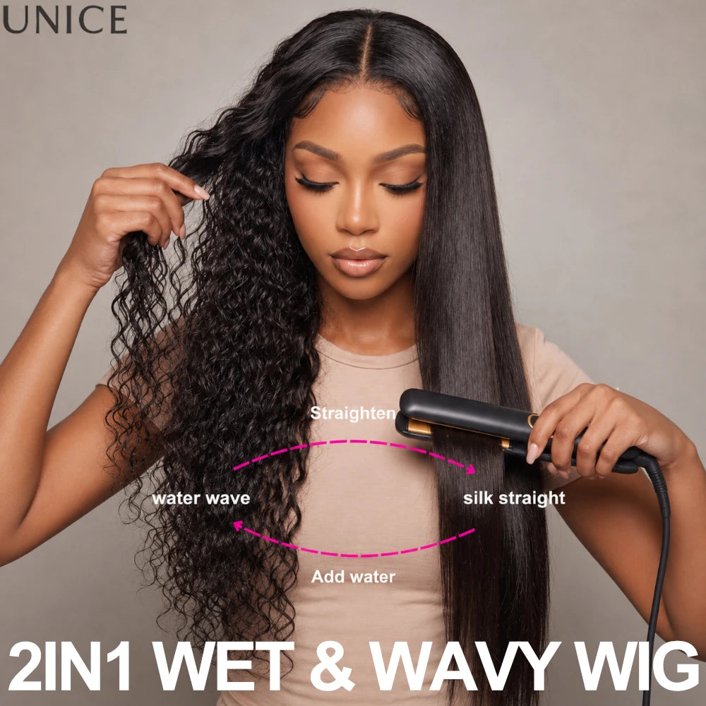 UNice 2-in-1 Wet & Wavy Wig Straight To Water Wave Human Hair Wig Bye-Bye Slip 7x5 13x4 Lace Glueless Wig Ready To Wear
