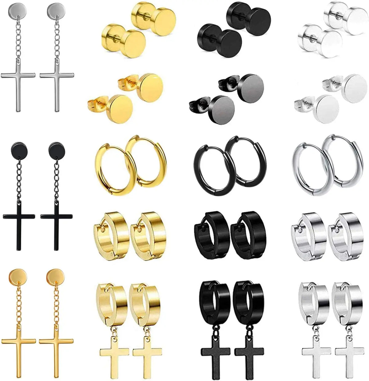 Black stainless steel stud earrings set for men and women, featuring matching minimalist round studs