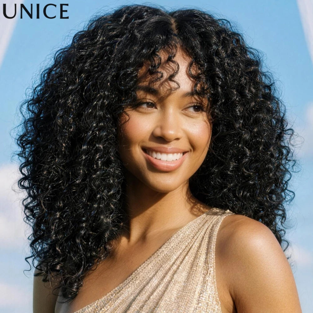 Burmese curly glueless human hair wig with bangs by HSF Marketplace