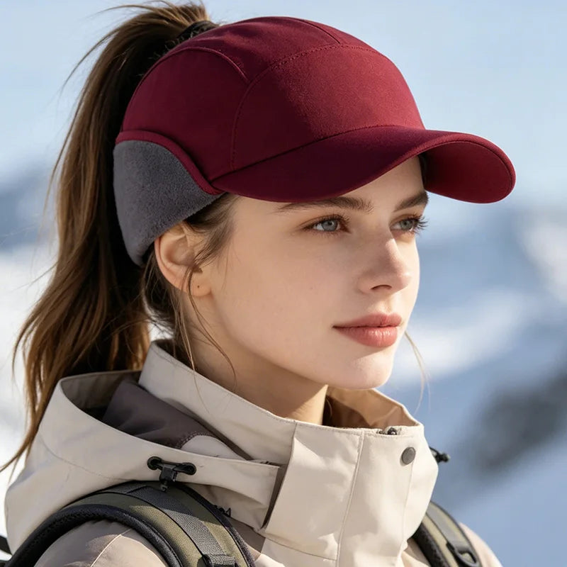 Women’s winter baseball cap with ear flaps, ponytail opening, adjustable fit, and fleece lining by HSF Marketplace