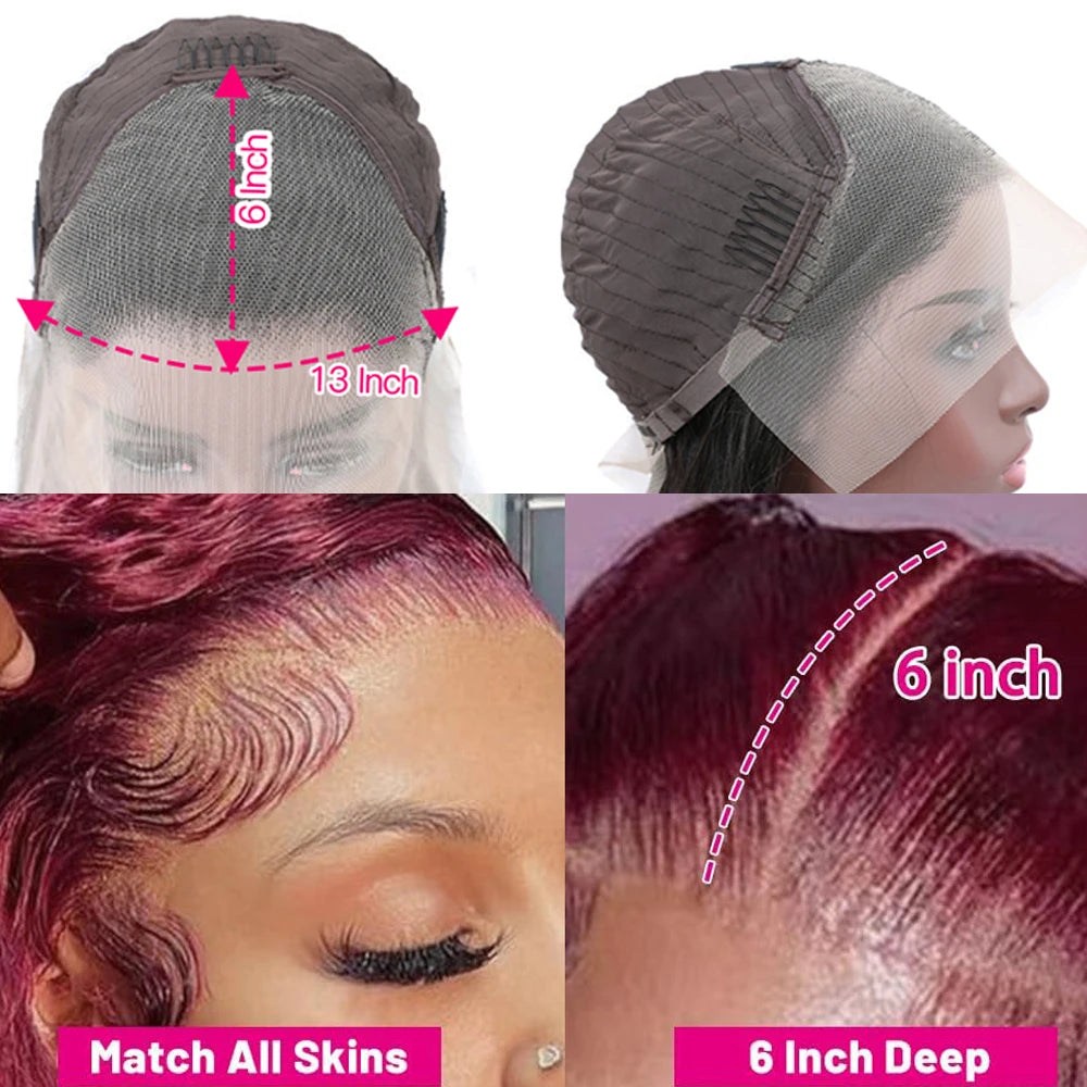 Clearance Sale 99j Burgundy Red Deep Wave Curly 13x4 Transparent Lace Front Wig Human Hair for Women 100% Human Hair Material Soft Healthy 4X4 Lace Closure Wig Human Hair