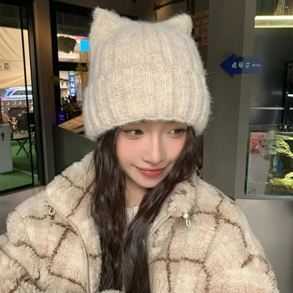 Women's cat ear knitted beanie, warm wool winter hat in Korean style by HSF Marketplace