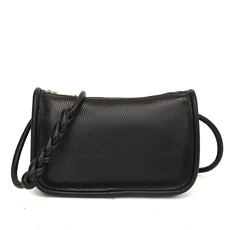 Genuine cowhide leather crossbody handbag for women with high capacity, stylish shoulder purse for ladies, black color, HSF Marketplace.