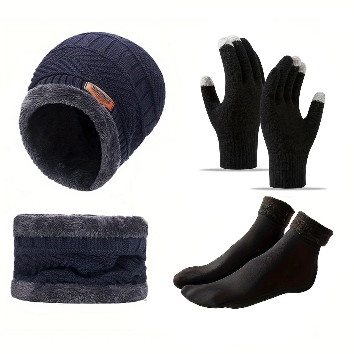 HSF Marketplace cozy winter accessory set with soft beanie, gloves, socks, and scarf