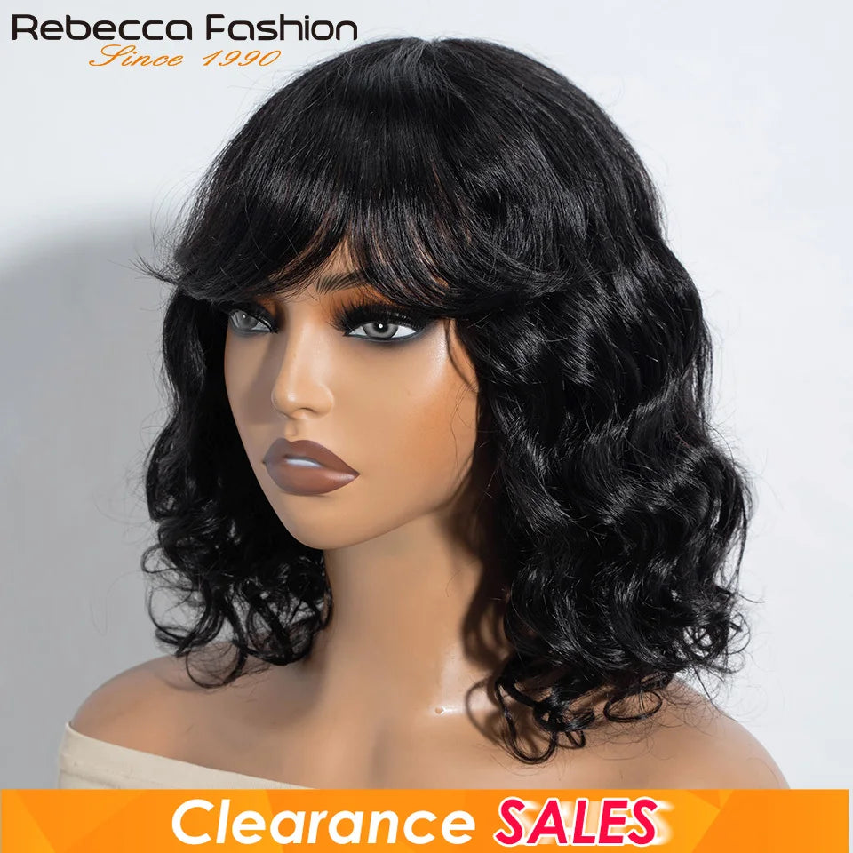 Natural black short body wave bob human hair wig with bangs, ombre color, loose waves, Brazilian Remy hair, by HSF Marketplace