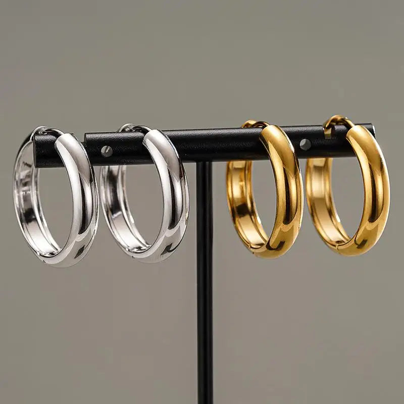 Stylish stainless steel hoop earrings for women in silver and gold tones by HSF Marketplace