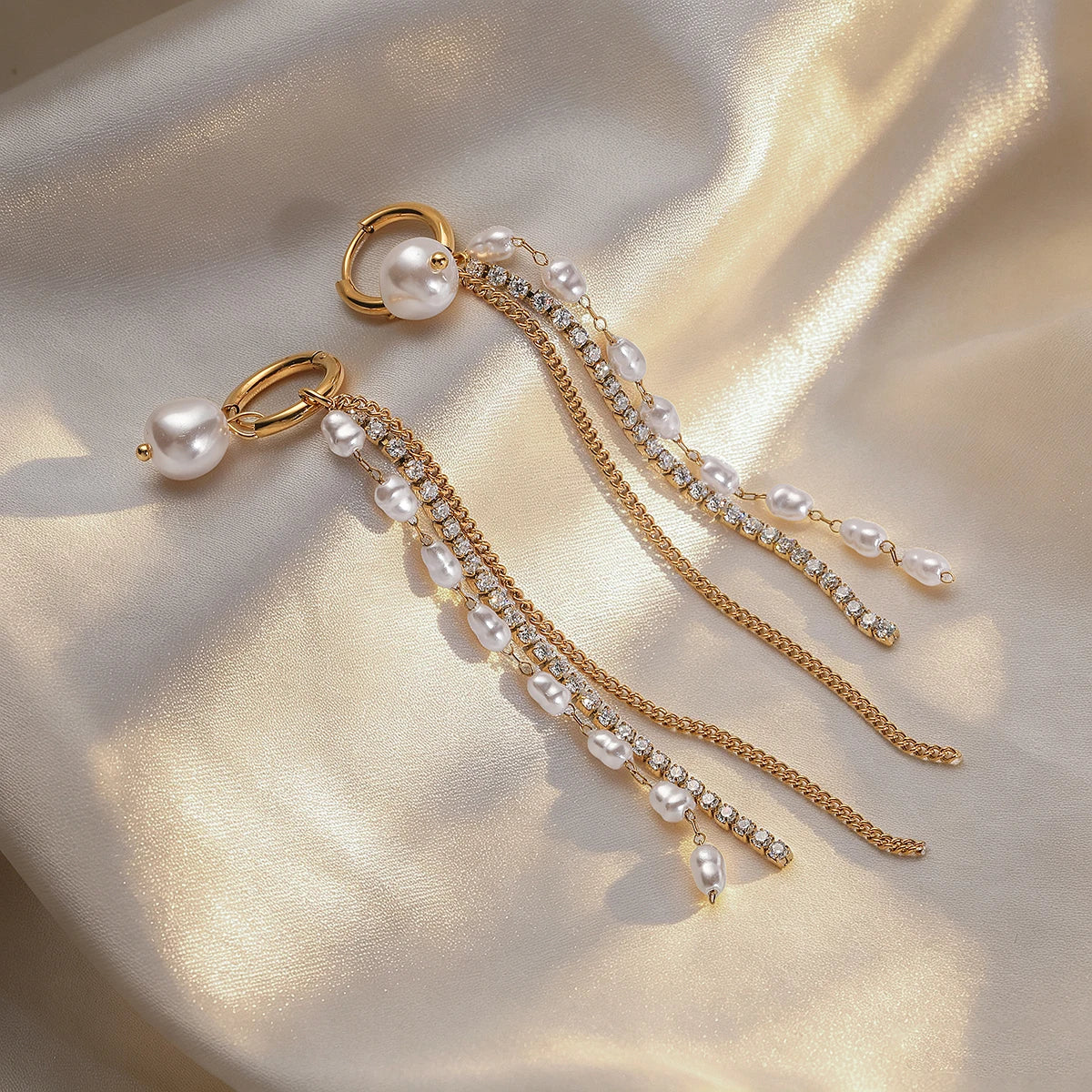 Gold color long tassel dangle earrings for women by HSF Marketplace, featuring a layered tassel design