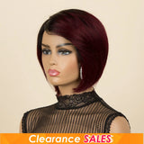 Burgundy 1B/99J short pixie cut side part human hair wig for women, straight bob style, Brazilian Remy hair, full machine-made.