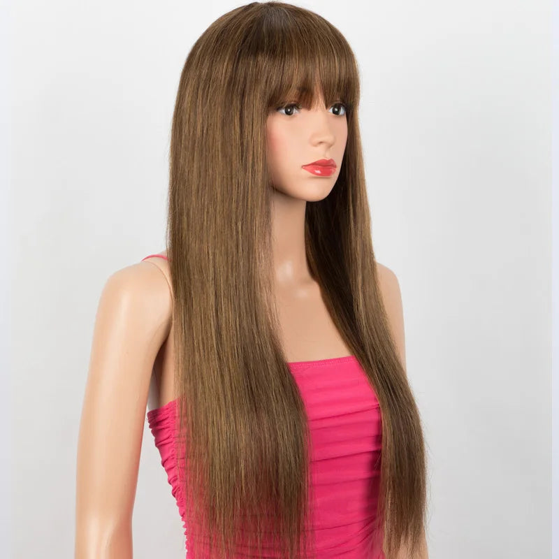 Blonde Rebecca straight human hair wig with bangs, full machine-made, colored P4/30/27, Peruvian Remy hair, by HSF Marketplace