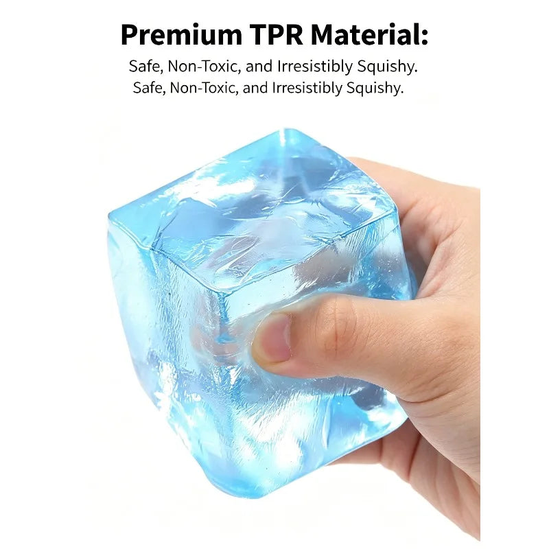 Transparent Ice Cube Squishy sensory toy with jelly TPR texture, stress relief fidget for teens and adults.