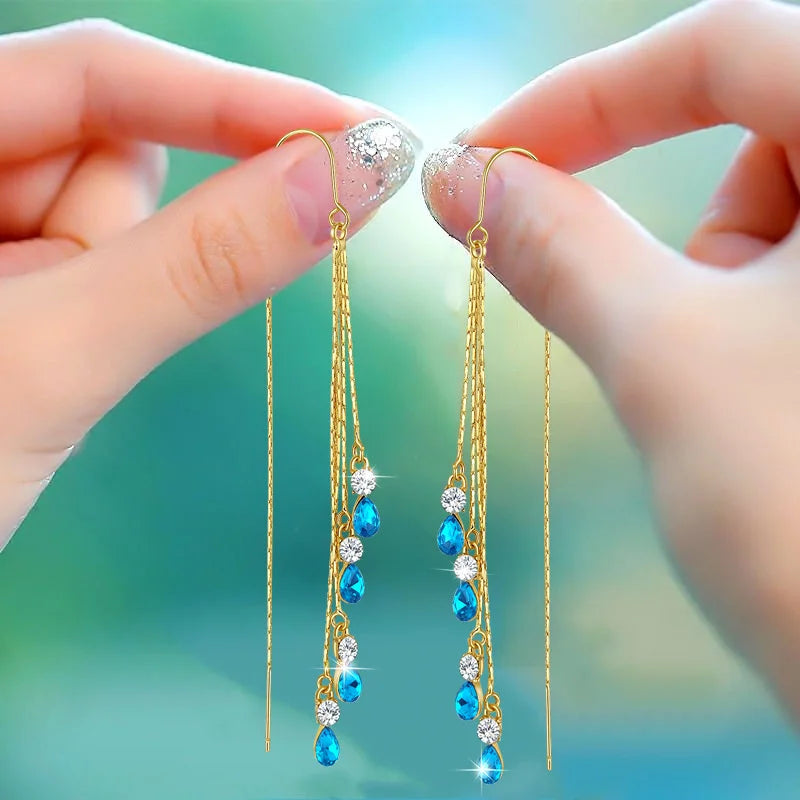 Green zircon drop earrings with long tassel rhinestones for women, Korean fashion wedding and party jewelry