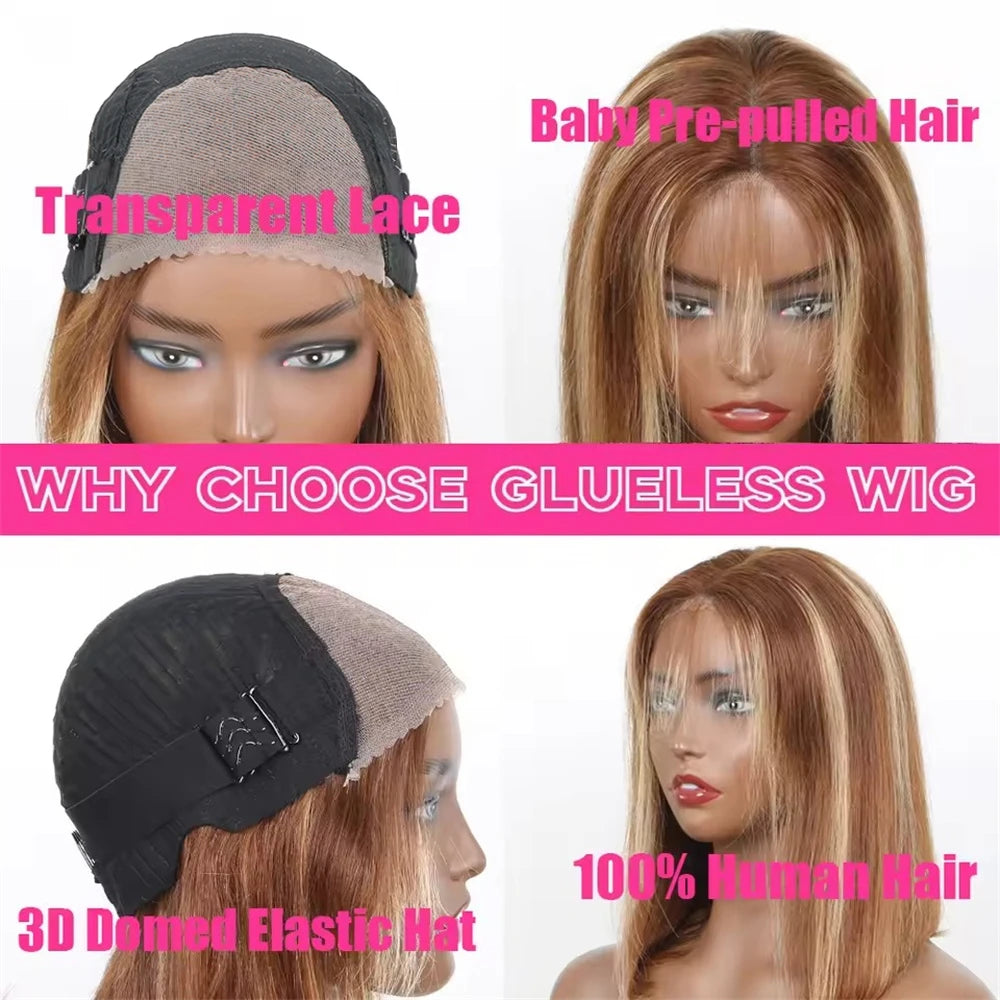 Honey blonde short bob human hair wig with 6x4 lace frontal, glueless, ready-to-wear, Brazilian human hair from HSF Marketplace.