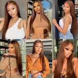 Long 46-inch straight chocolate brown human hair wig with 13x4 lace frontal, 200% density, HD transparent lace, real Remy hair.
