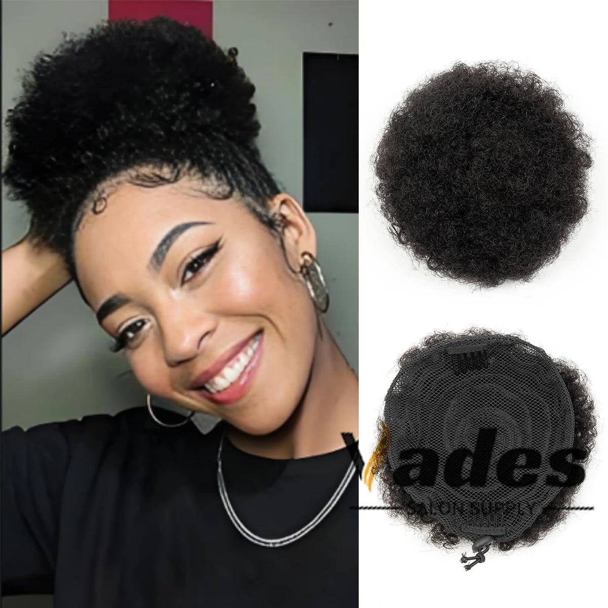 Curly human hair afro kinky puff drawstring ponytail high bun hair piece in black, 4–8 inch lengths