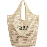 Handmade woven straw beach tote bag for women with mesh hollow shoulder design, ideal for summer holidays and beach outings.