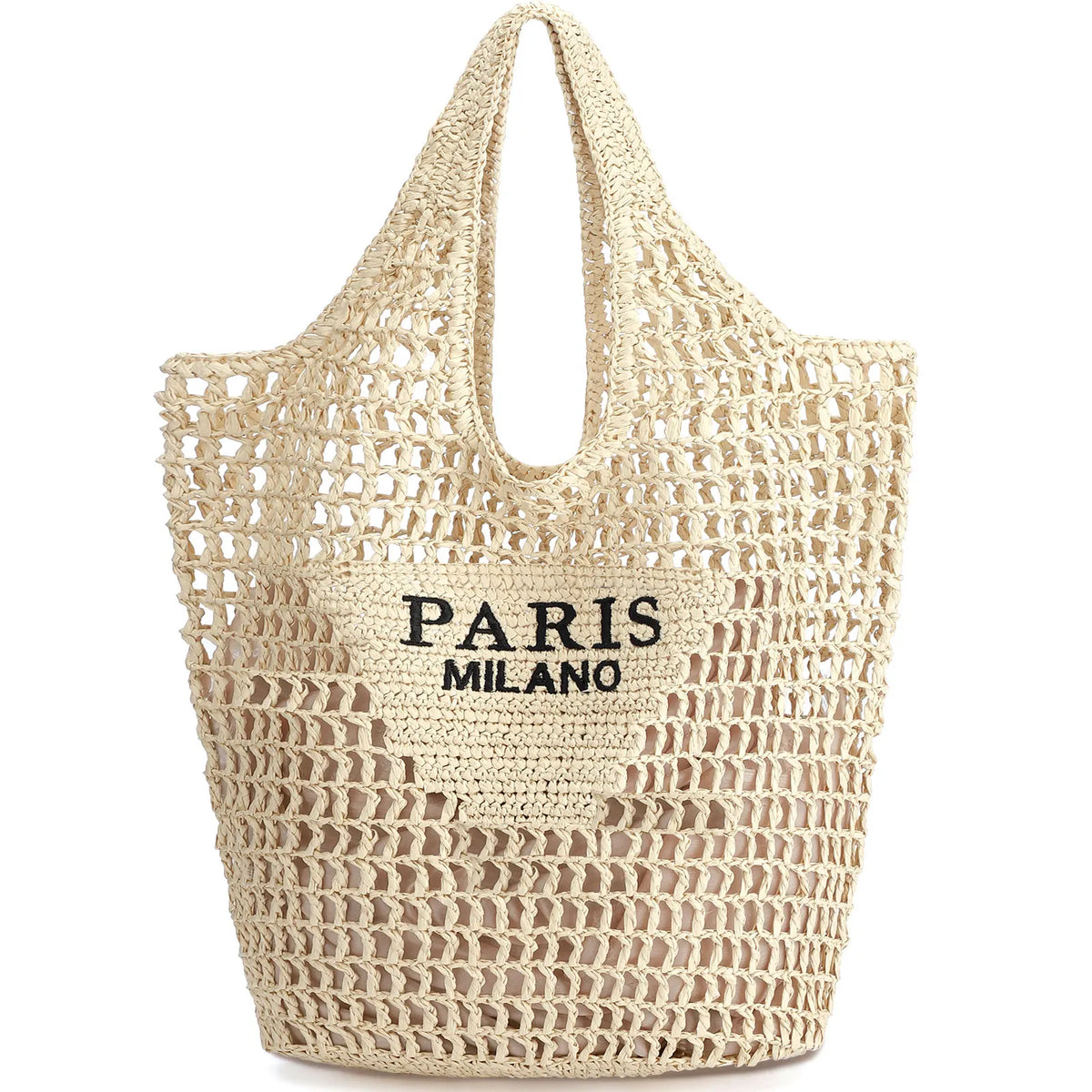 Handmade woven straw beach tote bag for women with mesh hollow shoulder design, ideal for summer holidays and beach outings.