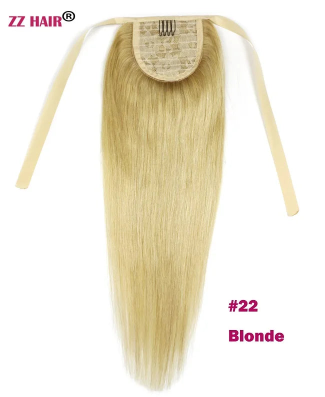 ZZHAIR Brazilian Remy human hair ribbon ponytail, 16–20 inch natural straight horsetail clip-in extension