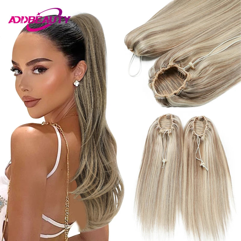 HSF Marketplace straight drawstring ponytail hairpiece, 100% human hair with clip, natural wrapped-around style