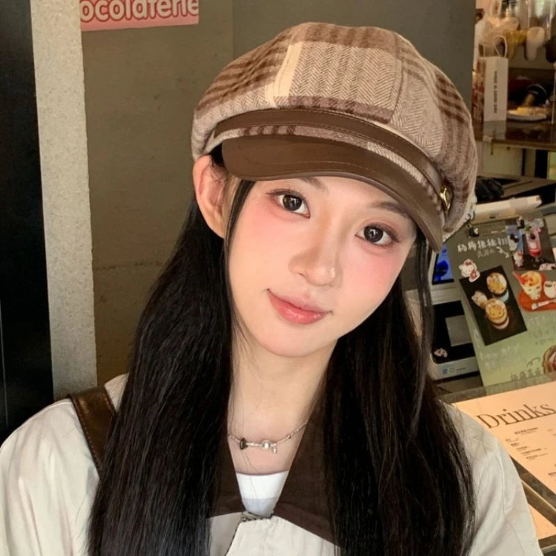 Women's plaid octagonal newsboy cap in a vintage wool blend, HSF Marketplace hats