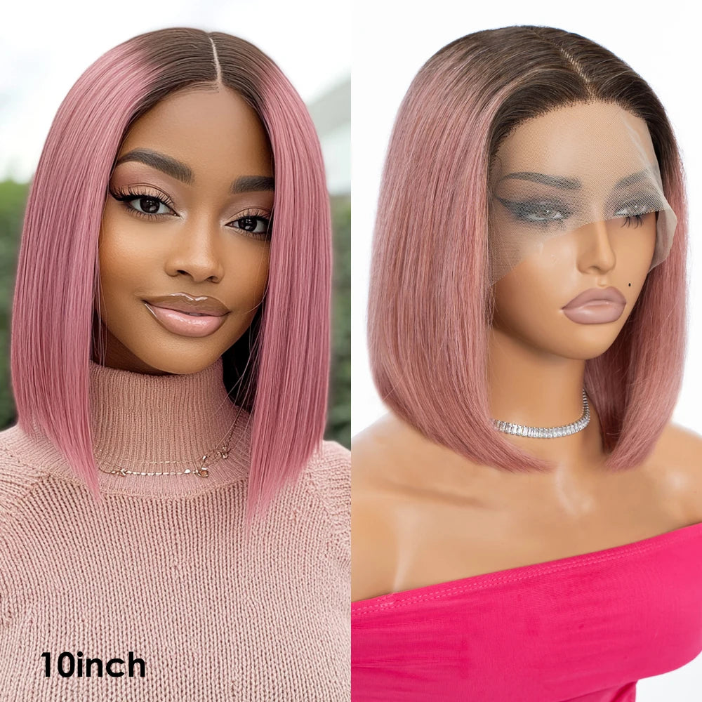 Rebecca Ombre Pink transparent lace front human hair wig with straight Peruvian hair, pre-plucked, featuring a short bob style.
