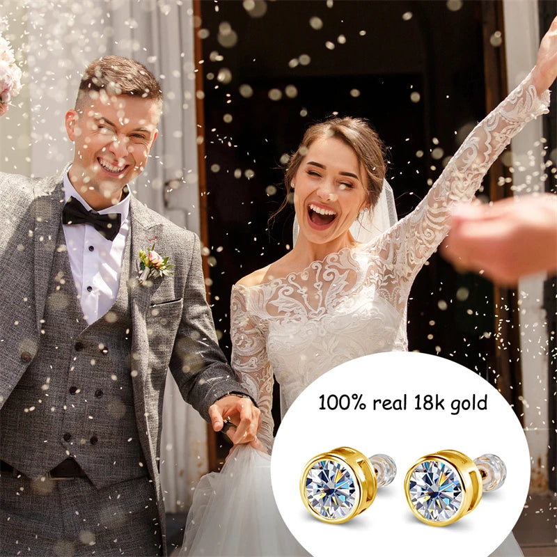 18K gold moissanite diamond stud earrings for women by HSF Marketplace, paired round stones in polished settings
