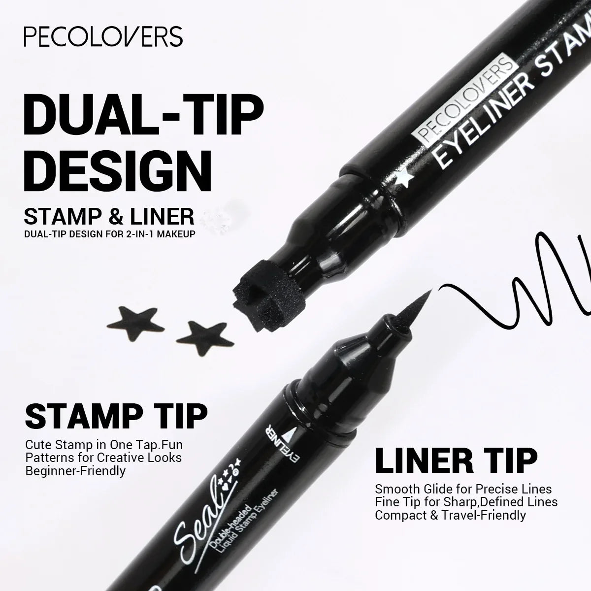 Set of 7 waterproof liquid eyeliner stamps with moon, star, and heart shapes, quick-dry eye liner pencil by HSF Marketplace.