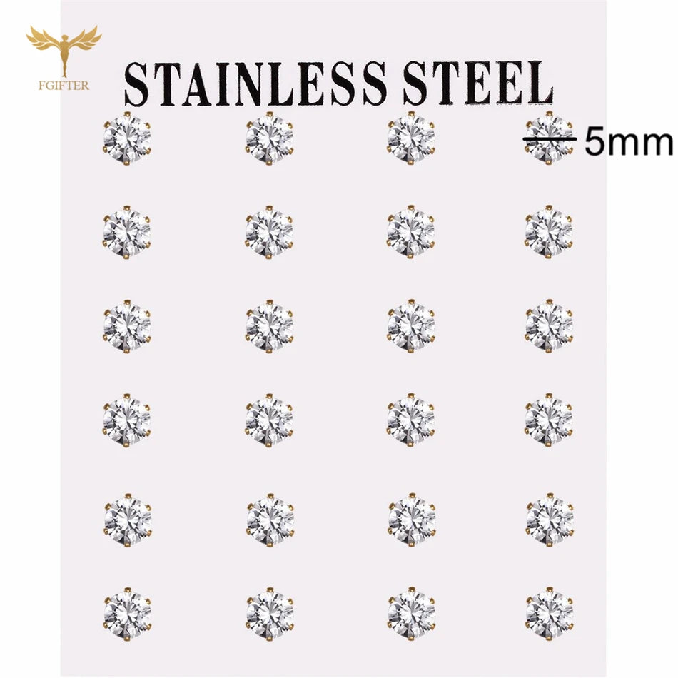 12 pairs of white crystal stud earrings, 2–7mm round and square zircon designs with golden stainless steel settings