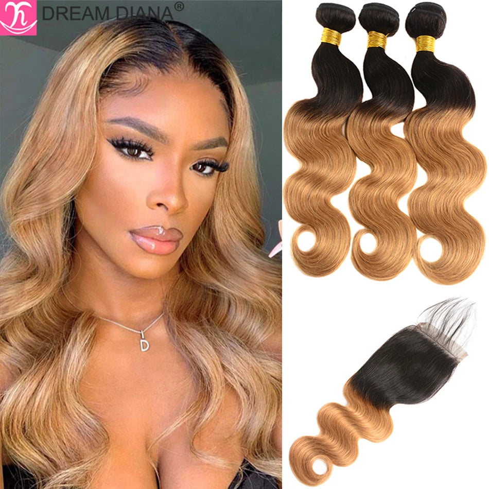 Red body wave Brazilian human hair bundles with closure, 10A grade by HSF Marketplace