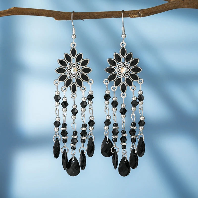 Bohemian water drop tassel earrings for women, vintage dangle jewelry style, HSF Marketplace