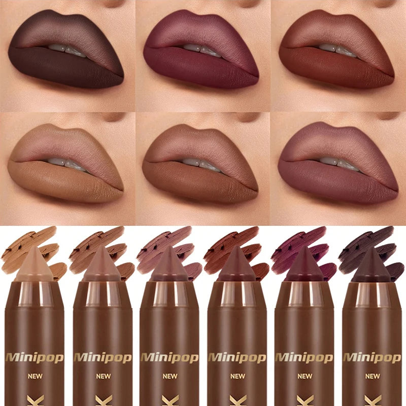 Silky velvet matte lipstick and lipliner in six colors from HSF Marketplace, waterproof, long-lasting, natural lips contour makeup pen.