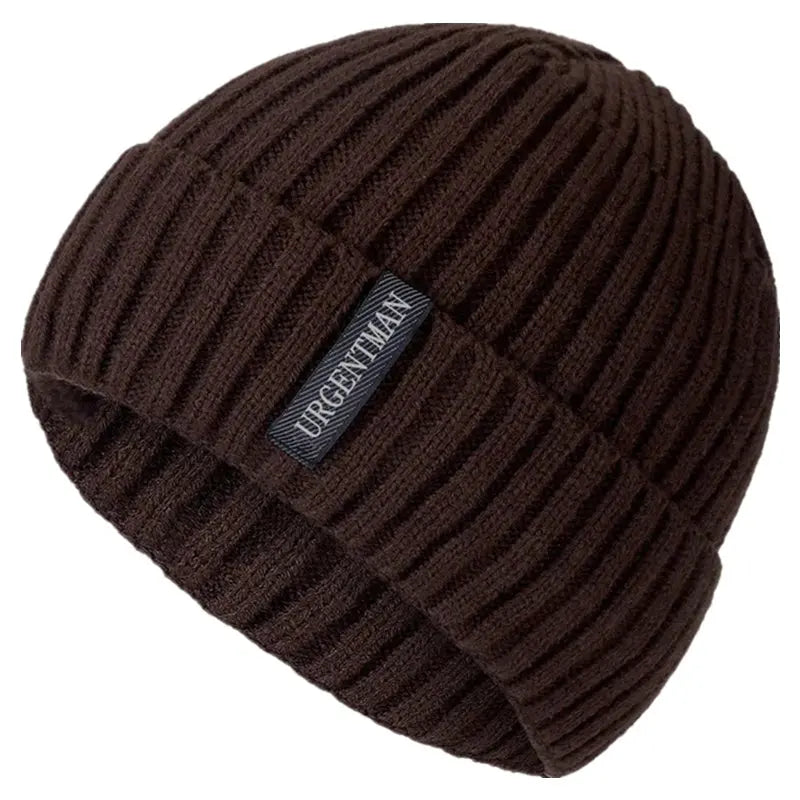 Unisex URGENTMAN warm winter beanie hat with plush fur lining and thick knitted design in women's hat style