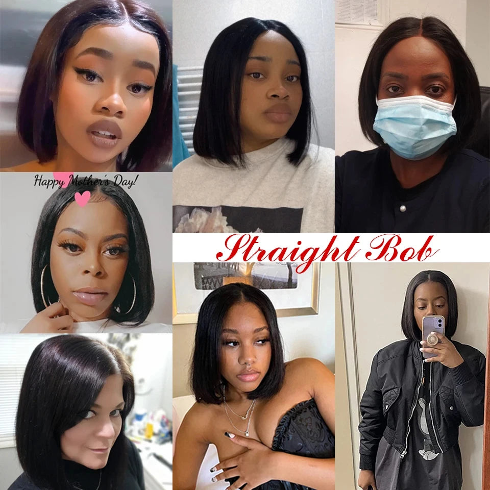 Brazilian straight lace bob wig from HSF Marketplace, human hair, dark Remy hair, lace part, 180% density, natural black style.