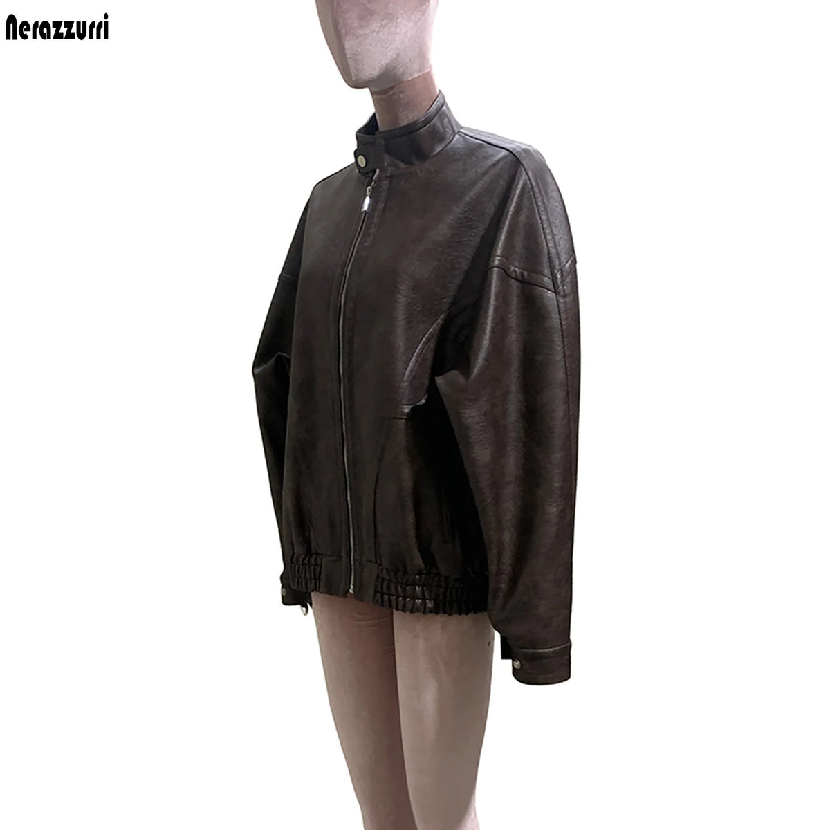 Women's distressed brown PU leather coat with a stylish finish and classic long-sleeve design